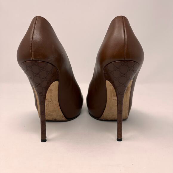 Gucci Womens 36 Chocolate Brown Leather Sofia Platform Stiletto Peep Toe Heels - Picture 7 of 16